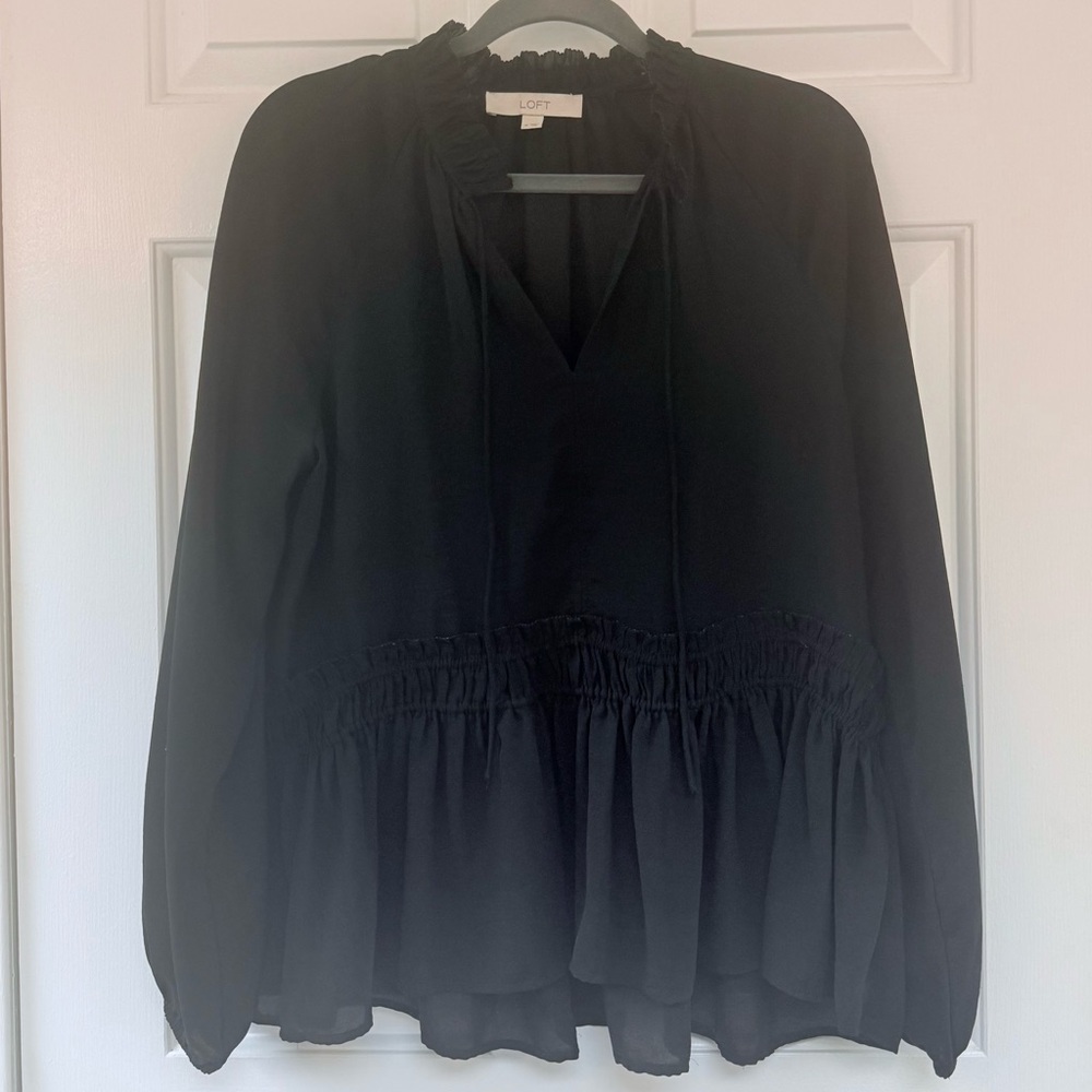 Loft Sheer Ruffle Peasant Blouse, Size M, Black, Tie Neck, Peplum
